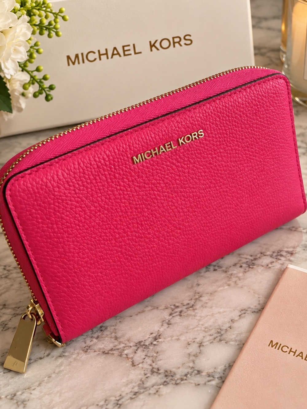 Michael Kors Hot Pink Pebbled Leather Zip Wallet with Gold Hardware